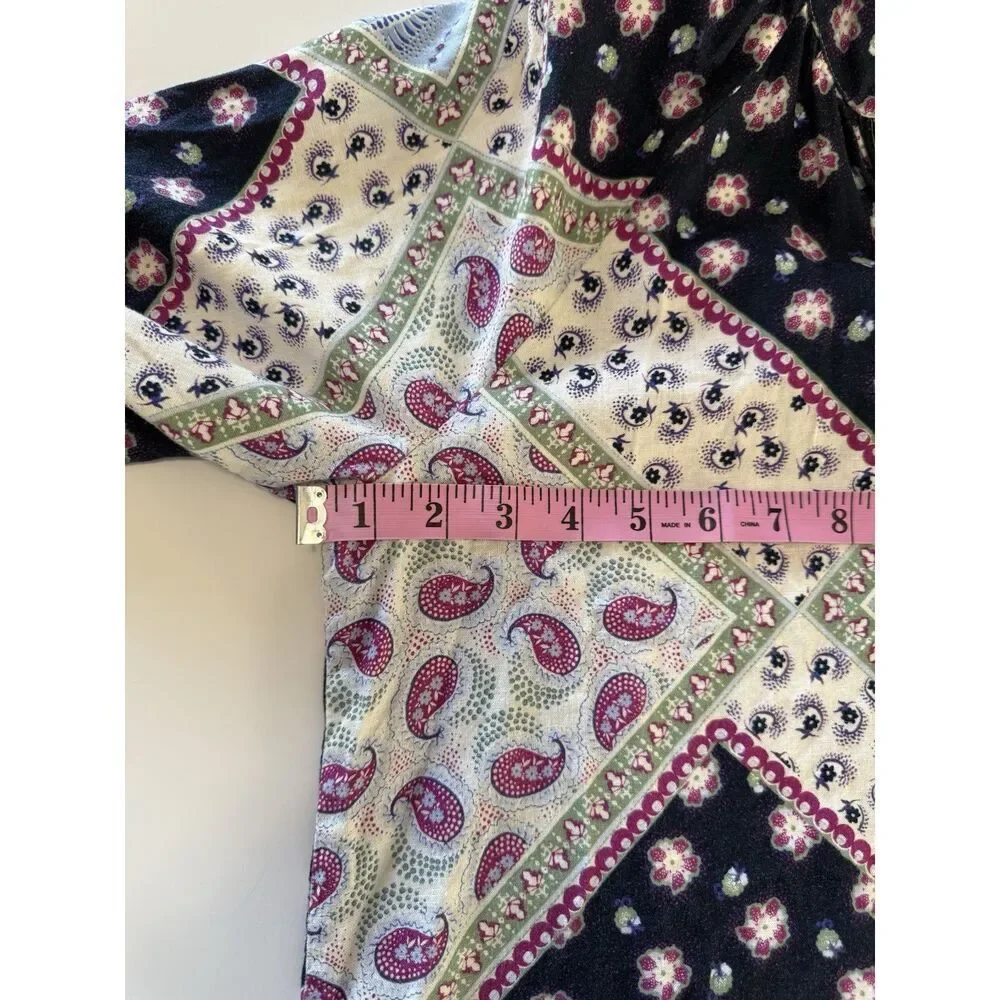 Loft Linen Blend Patchwork Blouse‎ Top Balloon Sleeve Peasant Floral Paisley Med